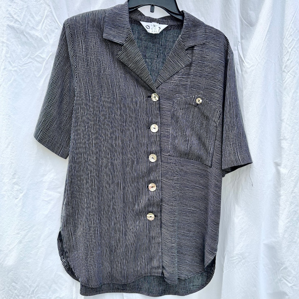 Black and White Fine Striped Button Down Top, Mother of Pearl Shell Buttons
